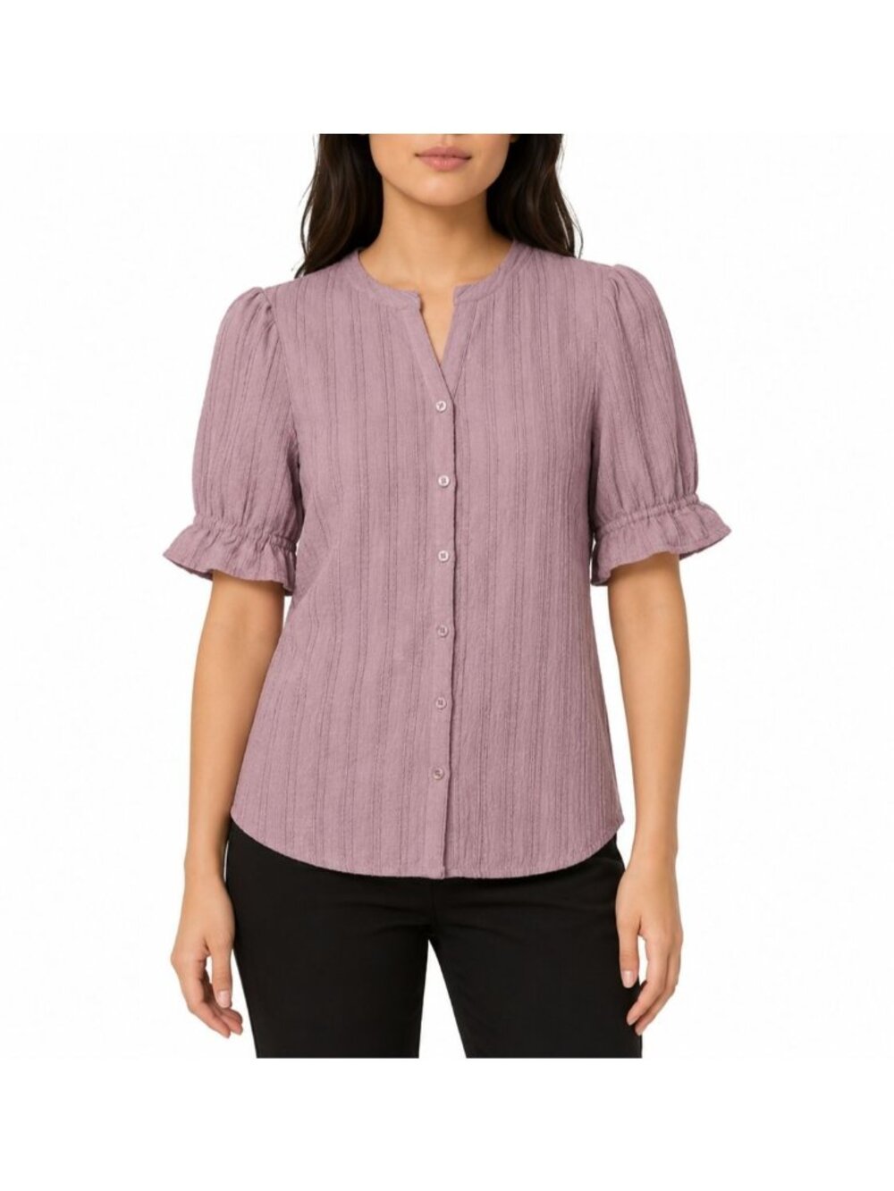 Cable & Gauge Elderberry Button-Front Blouse Textured Short Ruffle Sleeve Size L